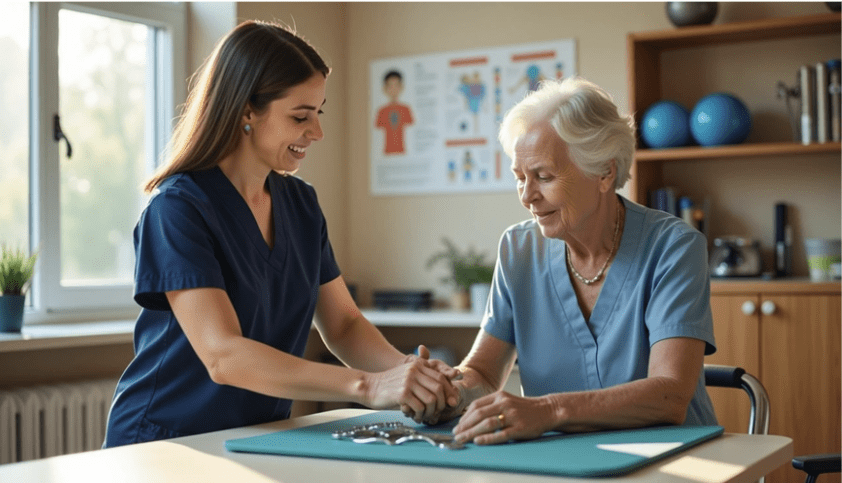Occupational therapy assistant providing hands-on support to an older adult during a rehabilitation session